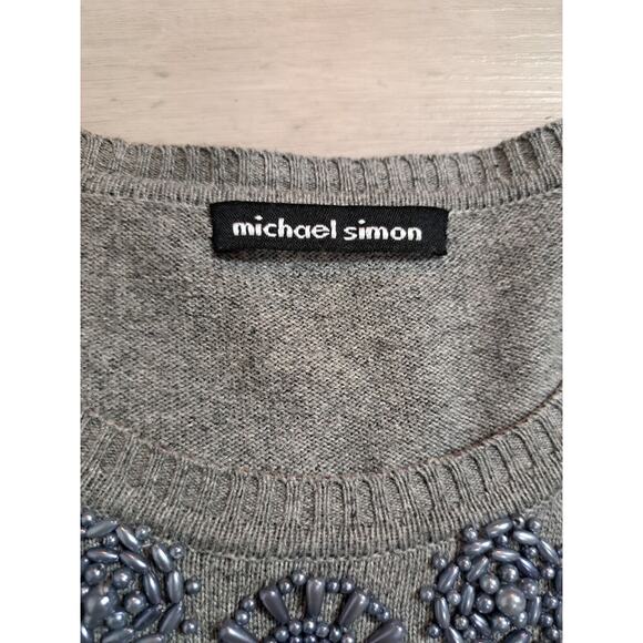 Michael Simon Womens Sz L Henley Sweater Silk Cashmere Gray Embellished Thermal - Picture 9 of 11